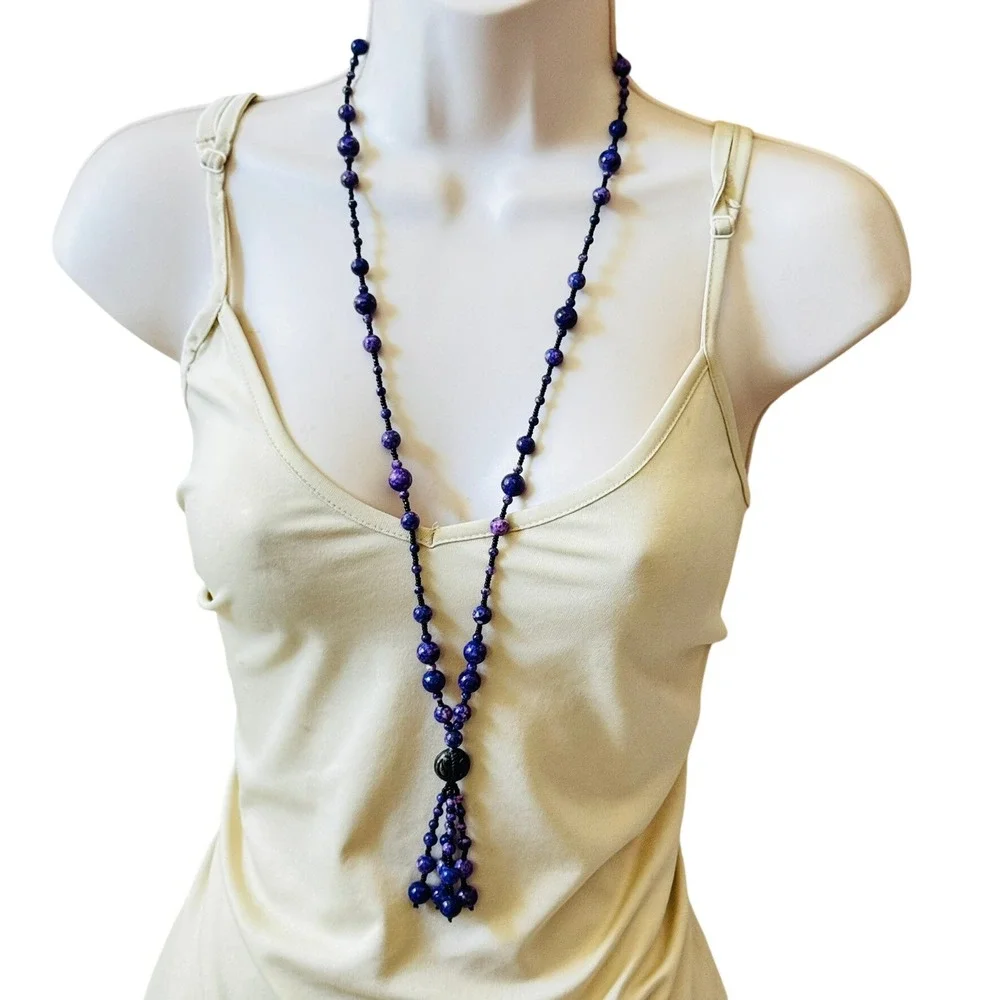 VTG Czech Art Glass‎ Beaded Picasso Tassel Necklace Purple Beads Flapper 32